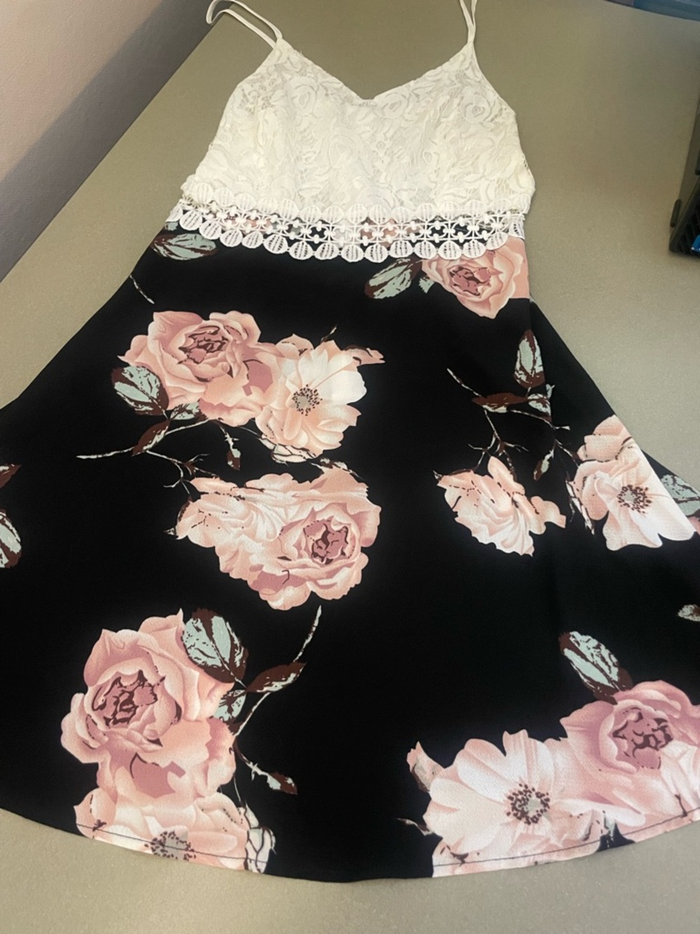 SHEIN Black Floral Slip Dress with White Lace Bodice
